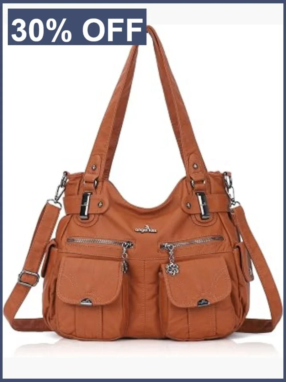 Washed Leather Hobo Shoulder Bag Large Double Zipper Multi Pocket Crossbody